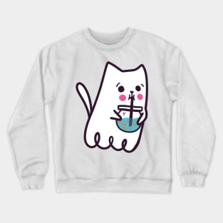 Ghost Cat Drinking Goldfish Bubble Tea Crewneck Sweatshirt